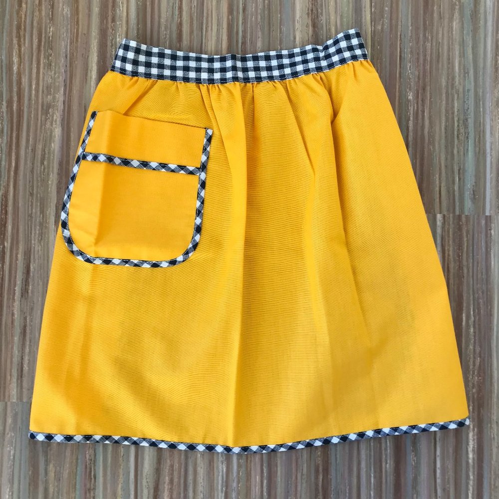 Yellow Half Apron Black & White Gingham Waist Tie Pocket Vintage Made in Canada
